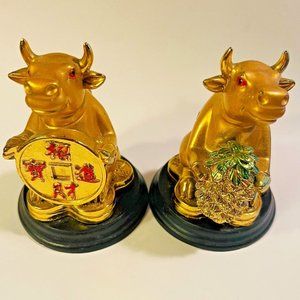 Feng Shui 2 Vintage Golden Chinese 3.25" Zodiac Ox Figurine Statue Wealth Symbol